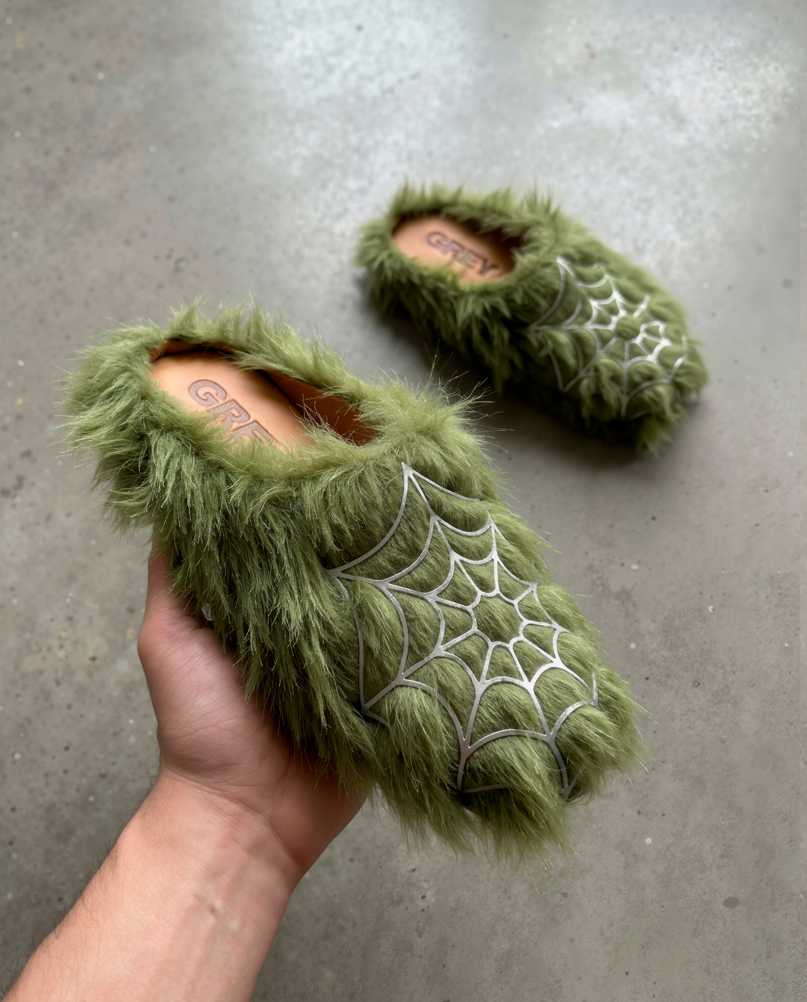 Fur Web Mules - Moss